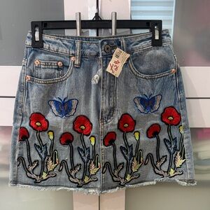 Signature8 Denim Skirt with Red Floral and Blue Butterfly Embroidery